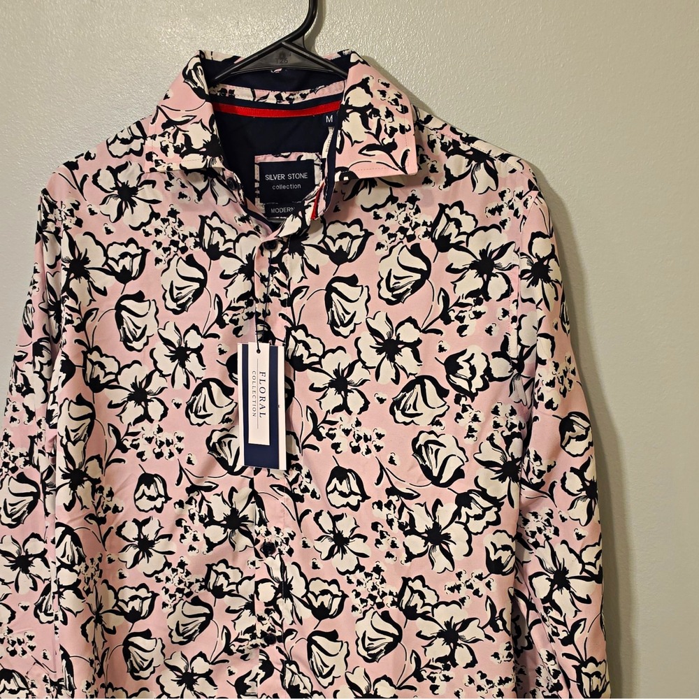 Silver Stone Men's Modern Fit LS Button-Up Shirt Floral M Pink/Black/White #282
